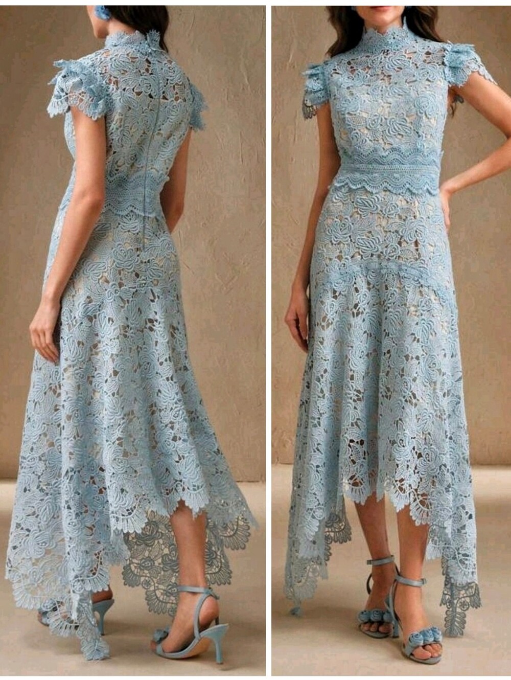New Luxe Embroidered Lace Stand Collar Asymmetrical Scalloped Maxi Dress Blue